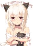 1girl 2018 animal_ears bangs bare_shoulders black_choker blush breasts cat_ears collarbone commentary_request eyebrows_visible_through_hair fuya_(tempupupu) hair_between_eyes happy_birthday head_tilt heart jewelry long_hair looking_at_viewer object_hug off-shoulder_shirt original parted_lips red_eyes ring shirt simple_background small_breasts solo stuffed_animal stuffed_cat stuffed_toy white_background white_hair white_shirt 