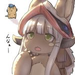  1girl aaaa animal_ears cat eyebrows_visible_through_hair fish fur furry green_eyes highres long_hair made_in_abyss nanachi_(made_in_abyss) simple_background solo white_background white_hair 