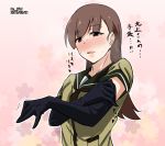  1girl black_gloves blush brown_eyes brown_hair cherry_blossoms dated elbow_gloves glove_pull gloves gradient gradient_background heavy_breathing kantai_collection long_hair neckerchief ooi_(kantai_collection) pink_background solo sweat sweating translation_request trembling twitter_username upper_body vi3r6ein 