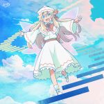  1girl blonde_hair blue_eyes blue_sky blush bow clouds commentary_request dress fairy_wings hair_bow hat highres lily_white long_hair looking_at_viewer open_mouth outstretched_arms red_bow red_sash sash shoes signature sky smile solo stairs touhou white_dress white_hat white_shoes wide_sleeves wings yutamaro 