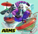  1girl 2018 2boys arms_(game) bangs beanie blonde_hair chains domino_mask food goggles green_eyes green_hair hat helmet highres japanese_clothes kid_cobra kimono long_hair looking_at_viewer male_focus mask min_min_(arms) multiple_boys ninjara_(arms) noodles ponytail short_hair smile 