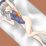  1girl 30-06 barefoot beret breasts competition_swimsuit full_body green_eyes grey_swimsuit hat kantai_collection kashima_(kantai_collection) looking_at_viewer lying medium_breasts on_side one-piece_swimsuit open_mouth silver_hair solo swimsuit twintails wavy_hair 