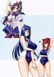 3girls absurdres amaya_haruko armpits blue_eyes blue_hair blush bow breast_envy breast_hold breasts competition_swimsuit curvy fingernails hair_bow hand_behind_head highres holding huge_breasts large_breasts long_hair looking_at_breasts maken-ki! multiple_girls nijou_aki official_art one-piece_swimsuit pantyhose pleated_skirt purple_hair red_eyes redhead rokujou_minori scan school_uniform shinai short_sleeves side_ponytail skirt sweat swimsuit sword takeda_hiromitsu very_long_hair violet_eyes weapon wooden_sword