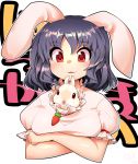  1girl :3 animal_ears between_breasts black_hair blush breasts carrot_necklace crossed_arms dress highres inaba_tewi rabbit rabbit_ears red_eyes short_hair solo touhou umigarasu_(kitsune1963) wavy_hair white_dress 