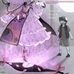  1boy 1girl artist_name blonde_hair brown_eyes brown_hair commentary crossover dipper_pines dress english gap gravity_falls hat kuroha_ai long_hair moon moonlight parasol tabard torii touhou umbrella vest white_dress yakumo_yukari 