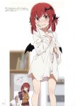  1girl absurdres bandaid black_wings cat demon_wings eyebrows_visible_through_hair fang gabriel_dropout hair_ornament hair_rings hand_to_own_mouth highres indoors kurumizawa_satanichia_mcdowell looking_at_viewer medium_hair mini_wings naked_shirt ogipote pink_eyes redhead scan school_uniform shirt shirt_tug solo_focus sweatdrop umbrella wet wet_clothes wings 