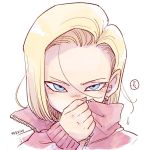  1girl android_18 artist_name blonde_hair blue_eyes blush dragon_ball dragon_ball_super dragonball_z earrings highres jacket jewelry long_sleeves looking_at_viewer pink_jacket serious short_hair simple_background solo_focus speech_bubble tkgsize translated twitter_username white_background 