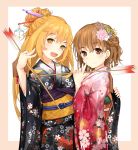  +_+ 2girls alternate_hairstyle arrow black_kimono blonde_hair braid brown_eyes brown_hair flower gradient_kimono hair_flower hair_ornament japanese_clothes kimono long_hair looking_at_viewer misaka_mikoto multiple_girls open_mouth pink_border pink_kimono shin_(highest1192) shokuhou_misaki short_hair simple_background to_aru_kagaku_no_railgun to_aru_majutsu_no_index white_background yellow_eyes 