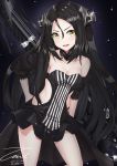  1girl arm_behind_back armpits black_hair black_panties blush breasts choker cleavage cleavage_cutout collarbone cowboy_shot dated dreamer_(girls_frontline) dress eyebrows_visible_through_hair eyes_visible_through_hair girls_frontline gun hair_between_eyes hand_on_hip head_tilt headgear highleg highleg_panties leaning light_particles long_hair looking_at_viewer one_leg_raised open_mouth pale_skin panties sangvis_ferri side_slit sidelocks signature simple_background smile solo standing standing_on_one_leg striped striped_dress thighs twitter_username underwear unel1211 very_long_hair weapon weapon_on_back yellow_eyes 