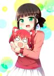  1girl :d bangs black_hair blush blush_stickers bow character_doll commentary_request cropped_jacket eyebrows_visible_through_hair green_eyes hair_bow hair_bun hair_up holding_doll jacket kurosawa_dia kurosawa_ruby long_sleeves looking_at_viewer love_live! love_live!_sunshine!! mole mole_under_mouth o_o open_mouth pink_jacket red_shirt redhead shirt skirt smile solo tekehiro two_side_up white_bow white_skirt 
