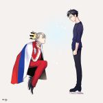  2boys amg_(nwmnmllf) artist_name black_hair blue-framed_eyewear blue_eyes brown_eyes crown eye_contact flag floating glasses ice_skates jacket katsuki_yuuri looking_at_another male_focus multiple_boys russian_flag silver_hair sitting skates track_jacket viktor_nikiforov yuri!!!_on_ice 