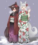  2girls :d ^_^ ^o^ alternate_costume animal_ears bangs blush breasts breath brown_hair closed_eyes closed_mouth embarrassed eyebrows_visible_through_hair facing_viewer fang floral_print flower full_body geta grey_background hair_flower hair_ornament hand_holding hand_up highres imaizumi_kagerou inubashiri_momiji japanese_clothes kimono long_hair long_sleeves looking_away matinmorgen medium_breasts multiple_girls nose_blush obi open_mouth print_kimono purple_kimono red_eyes sash short_hair silver_hair simple_background smile snow snowing standing sweat tabi tail touhou waving white_kimono wide_sleeves wolf_ears wolf_tail yukata 