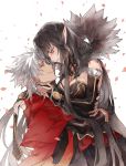  1boy 1girl amakusa_shirou_(fate) bare_shoulders black_dress black_hair dark_skin detached_sleeves dress fate/apocrypha fate_(series) fur_trim hug long_hair pointy_ears semiramis_(fate) very_long_hair white_hair wrt_(arpaca) 