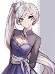  1girl blue_eyes cleavage_cutout commentary_request ecru rwby scar scar_across_eye smile solo twitter_username weiss_schnee white_hair 