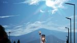  1girl arm_up blue_sky cap clouds dated grey_hair hibiki_(kantai_collection) highres kantai_collection lamppost lens_flare lighting looking_at_viewer mountain open_mouth road sky solo street sun tree twitter_username vi3r6ein waving 