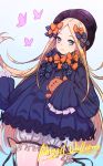 1girl abigail_williams_(fate/grand_order) absurdres bangs black_bow black_dress black_hat blonde_hair bloomers blue_eyes blush bow butterfly character_name closed_mouth commentary_request dress dutch_angle eyebrows_visible_through_hair fate/grand_order fate_(series) forehead hair_bow hat highres long_hair long_sleeves looking_at_viewer object_hug orange_bow parted_bangs polka_dot polka_dot_bow sleeves_past_wrists solo star_(12884324) stuffed_animal stuffed_toy teddy_bear underwear very_long_hair white_bloomers 