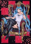  1girl aqua_hair bangs black_legwear black_skirt blue_eyes breasts collarbone colored_pencil_(medium) crown feathers full_body hair_ribbon hatsune_miku highres inuono_mama legs_crossed long_hair looking_at_viewer mary_janes nail_polish petals ribbon shoes short_sleeves signature sitting skirt small_breasts solo thigh-highs throne traditional_media twintails very_long_hair vocaloid world_is_mine_(vocaloid) 