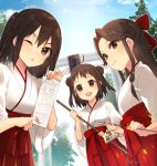  3girls :d ;o alternate_costume antenna_hair arrow bangs blue_sky blush brown_eyes brown_hair closed_mouth day double_bun dutch_angle ema eyebrows_visible_through_hair hair_ribbon hakama half_updo hamaya holding japanese_clothes jintsuu_(kantai_collection) kantai_collection kimono koruri long_hair looking_at_viewer miko multiple_girls naka_(kantai_collection) one_eye_closed open_mouth outdoors parted_bangs parted_lips pinky_out red_hakama red_ribbon ribbon sendai_(kantai_collection) short_hair sidelocks sky smile torii twitter_username two_side_up upper_body v-shaped_eyebrows white_kimono 