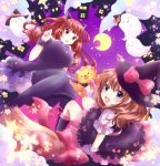  2girls :d animal_ears black_legwear blue_eyes bow broom broom_riding brown_hair cat_ears cat_tail crescent_moon dress fang flower ghost gloves halloween hat hat_bow maekawa_suu moon multiple_girls open_mouth redhead sakutarou smile star stuffed_animal stuffed_lion stuffed_toy tail thigh-highs umineko_no_naku_koro_ni ushiromiya_ange ushiromiya_maria violet_eyes white_gloves witch_hat 