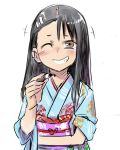  774_(nanashi) black_hair blush brown_eyes ear_piercing grin hair_ornament hairclip japanese_clothes kimono long_hair looking_at_viewer nagatoro one_eye_closed original piercing simple_background smile tears white_background 