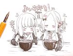  &gt;_&lt; 2girls :p abigail_williams_(fate/grand_order) bowl chopsticks closed_eyes fate/grand_order fate_(series) food highres ink japanese_clothes kimono lavinia_whateley_(fate/grand_order) long_hair monochrome multiple_girls new_year noodles sofra tongue tongue_out traditional_media 