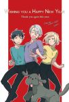  3boys ^_^ black_hair brown_eyes closed_eyes dog english green_eyes hand_on_another&#039;s_hip happy_new_year katsuki_yuuri locked_arms makkachin male_focus mouri multiple_boys new_year open_mouth silver_hair smile translated v viktor_nikiforov yuri!!!_on_ice yuri_plisetsky 