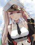  1girl azur_lane bare_shoulders black_jacket blazer breasts clouds cloudy_sky enterprise_(azur_lane) eyebrows_visible_through_hair hair_between_eyes hat jacket large_breasts long_hair long_sleeves looking_at_viewer necktie open_clothes open_jacket open_mouth peaked_cap shirt silver_hair sky solo standing tetsujin_momoko twintails violet_eyes white_shirt 