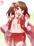  1girl alternate_costume bag brown_eyes brown_hair dated floral_print hair_ornament highres japanese_clothes kanon_(kurogane_knights) kantai_collection kimono logo long_hair looking_at_viewer paper red_kimono ryuujou_(kantai_collection) satchel simple_background solo twintails white_background 