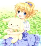  1girl :d blonde_hair blue_eyes bow child dress hair_bow maekawa_suu open_mouth ponytail smile stuffed_animal stuffed_bunny stuffed_toy umineko_no_naku_koro_ni ushiromiya_jessica younger 