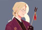  1boy arrow blonde_hair closed_eyes fire_emblem fire_emblem_if glasses japanese_clothes marks_(fire_emblem_if) signature simple_background smile solo 