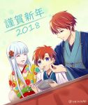  1girl 2018 2boys blue_eyes blue_hair cape closed_eyes eliwood_(fire_emblem) fire_emblem fire_emblem:_fuuin_no_tsurugi fire_emblem:_rekka_no_ken fire_emblem_heroes japanese_clothes kazame kimono long_hair mamkute multiple_boys ninian redhead roy_(fire_emblem) short_hair smile younger 