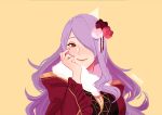  1girl camilla_(fire_emblem_if) fire_emblem fire_emblem_if flower hair_flower hair_ornament hair_over_one_eye japanese_clothes long_hair looking_at_viewer purple_hair signature simple_background smile solo 