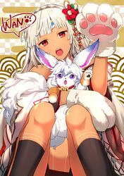  1girl altera_(fate) black_legwear fate/grand_order fate_(series) fou_(fate/grand_order) kneehighs looking_at_viewer niu_illuminator open_mouth paws red_eyes sitting tattoo teeth veil white_hair 