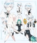  androgynous antarcticite black_gloves black_neckwear blue_eyes blush broken crossed_arms gem_uniform_(houseki_no_kuni) gloves green_eyes green_hair houseki_no_kuni kongou_sensei multiple_views necktie phosphophyllite shirt short_hair short_sleeves shorts smile white_hair white_shirt white_shorts 