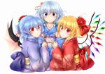  3girls :3 alternate_costume bat_wings black_wings blonde_hair blue_eyes blue_hair bow braid commentary_request flandre_scarlet floral_print flower green_bow hair_bow hair_flower hair_ornament highres izayoi_sakuya japanese_clothes kimono looking_at_viewer m9kndi multiple_girls nail_polish new_year obi pointy_ears red_eyes red_flower red_nails remilia_scarlet sash short_hair silver_hair simple_background smile touhou twin_braids upper_body white_background wings 