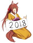  1girl 2018 :3 :d animal_ears bangs blush brown_hair commentary dog_ears dog_tail eyebrows_visible_through_hair full_body hair_between_eyes hair_ornament hairpin highres holding japanese_clothes kawakami_kazuko kemonomimi_mode kimono long_hair long_sleeves looking_at_viewer maji_de_watashi_ni_koi_shinasai! new_year obi open_mouth otxoa60 pinky_out ponytail sash seiza sign simple_background sitting sketch smile solo tail white_background year_of_the_dog yellow_kimono 