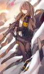  1girl armband bangs brown_hair closed_mouth commentary fingerless_gloves full_body g11_(girls_frontline) girls_frontline gloves gun hair_between_eyes hair_ornament highres jacket long_hair looking_at_viewer ludaf neck_ribbon pantyhose pleated_skirt ribbon scar scar_across_eye shirt skirt smile smoke solo standing submachine_gun twintails ump45_(girls_frontline) weapon white_shirt yellow_eyes 