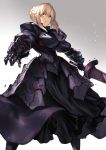  1girl artoria_pendragon_(all) blonde_hair braid dark_excalibur fate/stay_night fate_(series) faulds french_braid gauntlets gradient gradient_background grey_background highres holding holding_sword holding_weapon karlwolf legs_apart parted_lips saber_alter sidelocks solo standing sword weapon yellow_eyes 
