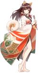  1girl :o animal_ears arrow barefoot bell brown_eyes brown_hair commentary_request contrapposto curled_tail dog_ears dog_tail eyebrows_visible_through_hair from_side full_body hair_bell hair_ornament hamaya highres holding japanese_clothes jingle_bell kimono long_sleeves looking_at_viewer looking_to_the_side new_year original shunichi simple_background solo standing tail white_background wide_sleeves year_of_the_dog 