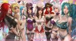  2018 ahri alternate_costume animal_ears aqua_hair artist_name belt belt_buckle bicorne biting black_ribbon blonde_hair blue_hair braiding_hair breasts buckle caitlyn_(league_of_legends) corset cross-laced_clothes cuffs evan_lee flower_ornament fox_ears fox_girl fox_tail gradient_hair green_eyes hairdressing handcuffs hat highres holding holding_weapon jinx_(league_of_legends) katarina_du_couteau large_breasts league_of_legends lingerie lip_biting long_hair medium_breasts miss_fortune multicolored_hair multiple_girls open_mouth orange_eyes rabbit redhead ribbon riven_(league_of_legends) sarah_fortune scar short_hair small_breasts sona_buvelle tail thigh-highs tongue tongue_out twintails underwear very_long_hair watermark weapon whisker_markings 