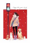  1girl ajimita bag black_legwear boots brown_eyes brown_hair coat commentary_request dog english fur_trim happy_new_year holding leash long_sleeves looking_at_viewer new_year original outdoors pantyhose ponytail profile purple_footwear red_background shoulder_bag signature sleeves_past_wrists snowing standing traffic_light winter_clothes winter_coat 