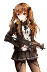  1girl black_gloves black_jacket black_ribbon black_skirt brown_eyes brown_hair brown_legwear cowboy_shot dress_shirt eyebrows_visible_through_hair fingerless_gloves girls_frontline gloves gun hair_between_eyes hair_ribbon highres holding holding_gun holding_weapon index_finger_raised jacket long_hair looking_at_viewer miniskirt neck_ribbon open_clothes open_jacket pantyhose pleated_skirt ribbon shiny shiny_clothes shirt simple_background skirt smile solo standing twintails ump9_(girls_frontline) weapon white_background white_shirt wsman 