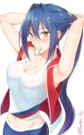 1girl aome_no_madoushi armpits arms_up bangs blue_hair blush breasts cleavage closed_mouth eyebrows_visible_through_hair hair_between_eyes kanden_suki large_breasts long_hair looking_at_viewer mouth_hold navel ponytail sidelocks simple_background sleeveless solo sweater tank_top twitter_username tying_hair white_background yellow_eyes 