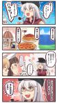  &gt;:d 10s 4girls 4koma :d =_= alcohol arm_up blonde_hair blue_eyes brown_eyes brown_hair church clenched_hands comic commentary_request cup drinking_glass food gangut_(kantai_collection) glasses hair_between_eyes hammer_and_sickle hat hibiki_(kantai_collection) highres ido_(teketeke) kantai_collection littorio_(kantai_collection) long_hair long_sleeves multiple_girls open_mouth orange_eyes pasta peaked_cap pince-nez pipe pizza red_shirt remodel_(kantai_collection) roma_(kantai_collection) scar shaded_face shirt short_hair short_sleeves silver_hair smile spaghetti speech_bubble translation_request verniy_(kantai_collection) white_hat wine wine_glass 