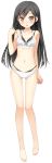  1girl absurdres bangs bare_legs bare_shoulders barefoot black_hair blush bow braid breasts brown_eyes collarbone eyebrows_visible_through_hair feet front-tie_bikini front-tie_top full_body hair_bow highres kantoku koi_suru_kanojo_no_bukiyou_na_butai long_hair looking_at_viewer nanase_sena navel open_mouth small_breasts smile solo standing toes transparent_background 