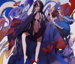  2girls barefoot black_hair bowl breasts chocolate_(jitong) cup fate/grand_order fate_(series) fruit_bowl horns japanese_clothes kimono long_hair looking_at_viewer midriff multiple_girls navel oni oni_horns open_clothes open_kimono purple_kimono revealing_clothes sakazuki shide shuten_douji_(fate/grand_order) small_breasts very_long_hair violet_eyes white_hair 