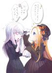  2girls abigail_williams_(fate/grand_order) bags_under_eyes black_bow black_dress black_hat blonde_hair blue_eyes blush bow commentary_request dress fate/grand_order fate_(series) hair_bow hat horn horn_grab lavinia_whateley_(fate/grand_order) long_hair long_sleeves looking_at_another multiple_girls orange_bow pale_skin parted_lips pink_eyes polka_dot polka_dot_bow shishima simple_background sleeves_past_wrists sparkle translation_request very_long_hair white_background white_hair wide-eyed 