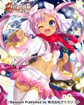  1girl arms_up blue_eyes bucchake_(asami) crop_top fang hair koihime_musou long_hair midriff miniskirt navel one_eye_closed open_mouth pink_hair pink_shirt pink_skirt ribbon scarf shirt skirt smile solo sonshoukou thigh-highs thigh_gap twintails very_long_hair white_legwear zettai_ryouiki 