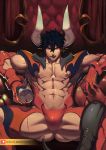  1boy abs alcohol bara black_hair cup curtains dragon_boy dragon_horns dragon_tail drinking_glass gluteal_fold highres horns licking_lips looking_at_viewer lvlv male_focus male_pubic_hair muscle nipples original patreon_logo pointy_ears pubic_hair red_curtains red_eyes revealing_clothes solo spread_legs tail throne tongue tongue_out wine wine_glass 