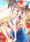  1girl arm_garter beach blue_eyes blue_swimsuit blush breasts fate/grand_order fate_(series) flower flower_hat hat long_hair looking_at_viewer looking_back marie_antoinette_(fate/grand_order) medium_breasts petals rong_yi_tan sand sitting solo straw_hat swimsuit twintails wariza white_background white_hair 